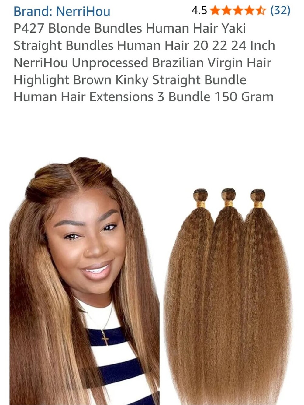 Blonde Human Hair Yaki Straight Bundle - Highlight Brown (ONLY 1 22" PACK)